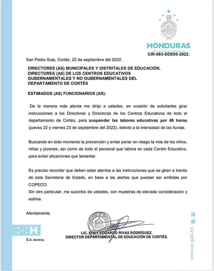 Clases en Centros Educativos permanecerán suspendidas por el resto de la semana en Cortés2