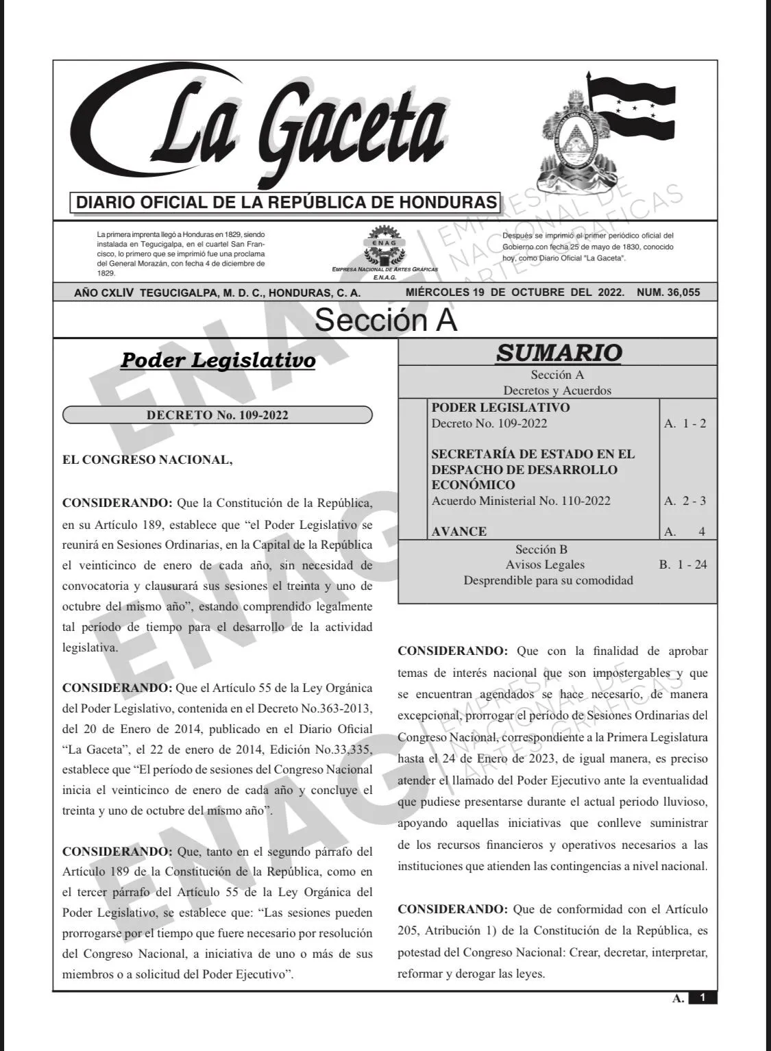 Publicado en La Gaceta decreto que habilita sesiones del CN hasta el 24 de enero 2023